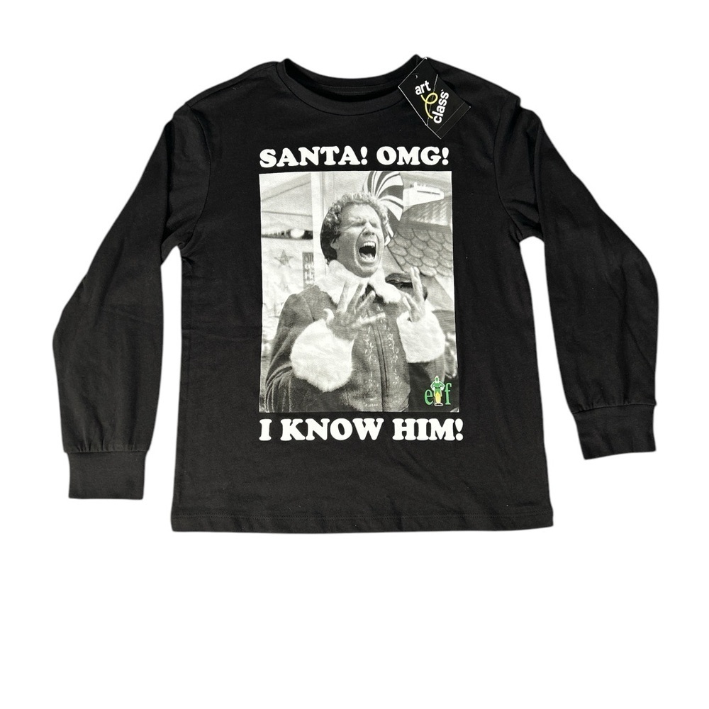 NWT Elf “Santa! I Know Him!” Long Sleeve Christmas Black T-Shirt Boys Sz Small